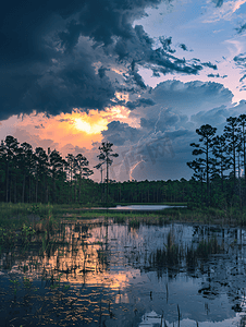 太阳照亮的沼泽后面的森林上空有雷云和雨