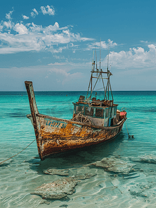 泰国清澈碧蓝海水中的渔船旧机
