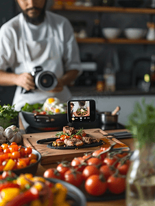 美食博主在家中厨房用手机摄像头录制视频