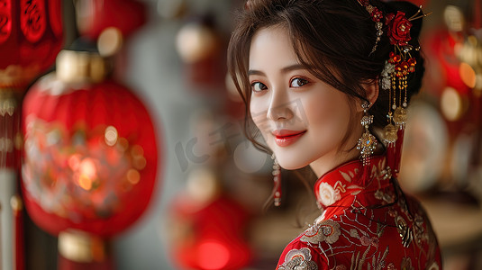 韩国婚纱照摄影照片_红色传统婚纱的新娘摄影图