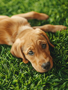 可爱的小狗躺在修剪过的绿草地上