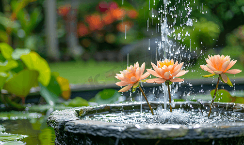 自然喷泉摄影照片_花园池塘里有睡莲或莲花的喷泉