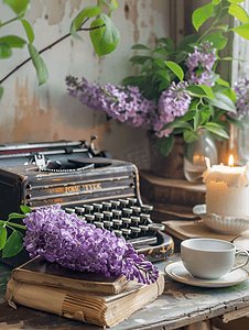 有紫色花朵的老式打字机、一支蜡烛、一摞书和茶杯
