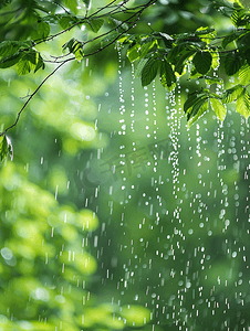 绿色滴落摄影照片_在阳光明媚和有风的条件下长而快的雨滴落在绿色森林中