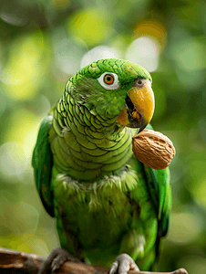 坚果可爱摄影照片_亚马逊绿鹦鹉特写吃坚果核桃