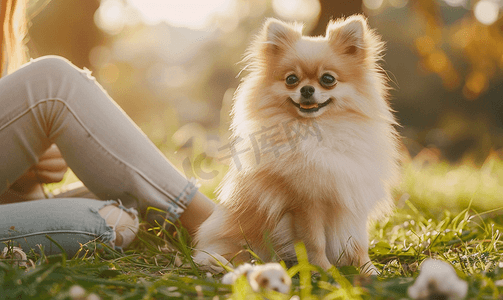 可爱的小狗波美拉尼亚斯皮茨狗正在公园的草地上和主人玩耍