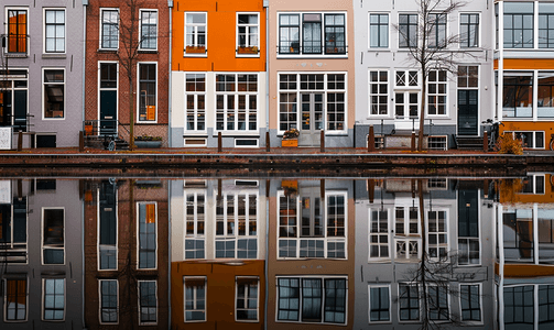 荷兰语摄影照片_代尔夫特运河中的房屋倒影