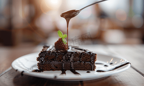 白色巧克力蛋糕摄影照片_白盘上巧克力蛋糕的特写镜头