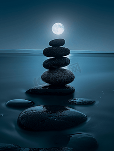 蓝色夜背景摄影照片_夜石头月亮光环景观