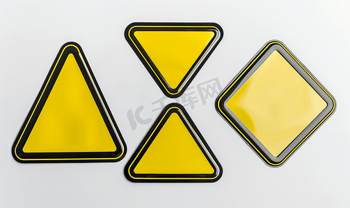 注意黄色胶带摄影照片_空白警告标志黄色黑色框架贴纸设置孤立在白色背景上
