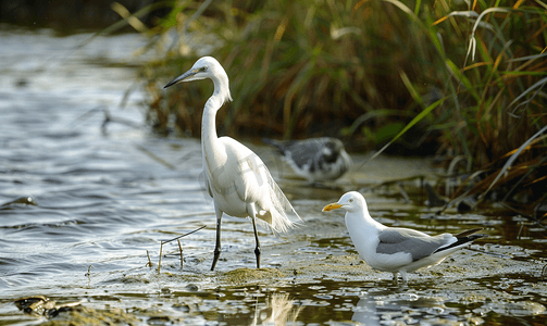 白翼摄影照片_岸边长满青草的水道中的白鹭和海鸥