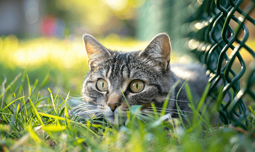 无家可归的灰猫躺在公园篱笆后的绿草地上