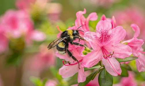授粉摄影照片_大黄蜂为粉红色的杜鹃花授粉