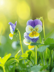 春天阳光明媚的森林中野生三色紫罗兰在绿色模糊背景特写