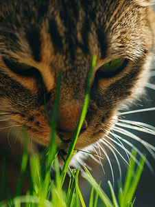 花猫摄影照片_猫吃新鲜草特写镜头
