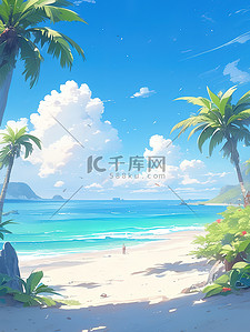 大海椰子树沙滩背景图片_海边沙滩椰子树蓝天白云设计图