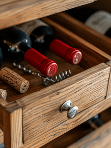 抽屉里的葡萄酒瓶中的红色开瓶器和软木塞