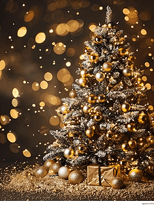 纹理金摄影照片_装饰有抽象金色散景光背景的圣诞树