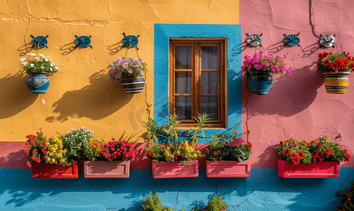 可爱装饰纹理摄影照片_博兹贾阿达彩色墙壁和窗户上挂着花盆