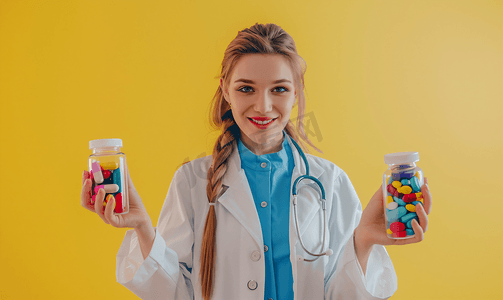 医疗保健医疗轻的女医生与罐胶囊
