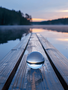 蓝色小时摄影照片_蓝色时刻瑞典湖畔木质步道上的玻璃球自然斯堪的纳维亚