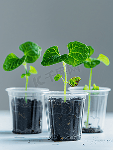 健康绿色环境摄影照片_蔬菜芽苗在杯中种植和浇水黄瓜幼苗