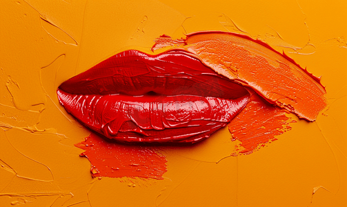 红色可爱摄影照片_红色唇膏和她的污迹在橙色皮肤上分离