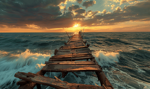 多云日落时海中的旧断桥
