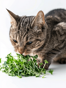 猫草摄影照片_灰色家养虎斑猫吃绿豆芽白色背景上孤立