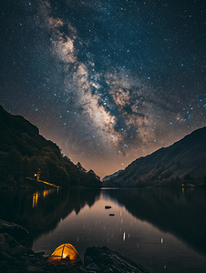 蓝色宇宙星空摄影照片_夜晚星空下的小湖有短铁轨夏天可以露营
