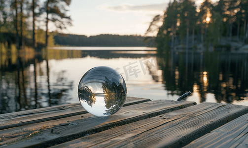 傍晚时分的摄影照片_傍晚时分瑞典湖边木码头上的玻璃球自然斯堪的纳维亚