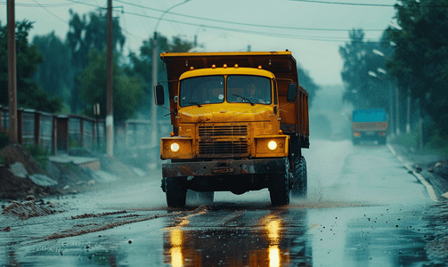雨天在沥青路上行驶的旧实用卡车特写