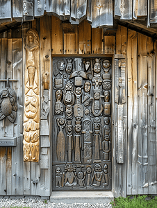 由不同图形制成的金属门位于由粗木制成的木屋入口处