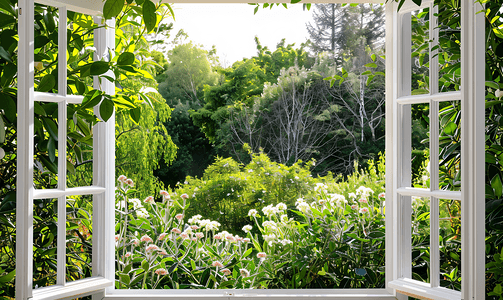 从打开的窗户看到绿色花园
