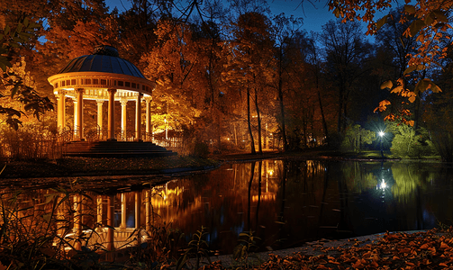 夜湖摄影照片_秋季公园的夜晚有池塘和圆形建筑