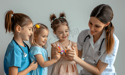 小朋友摄影照片_女护士陪伴儿童小女孩吃药