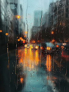 雨夜玻璃窗外的城市灯光高清图片