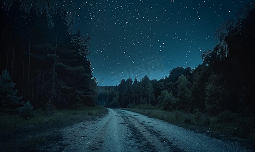 年会黑色摄影照片_夏季森林土路和星空中的怪异黑夜