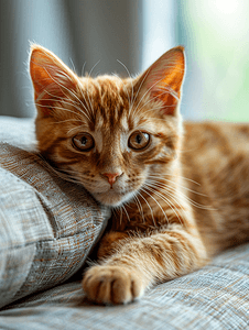相机旅行摄影照片_橙色虎斑猫躺在沙发上看着相机