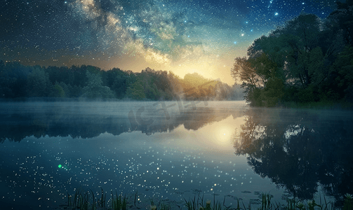 夏季雾气弥漫的夜晚星空下的小湖