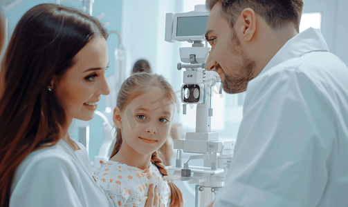 验光师检查小女孩的视力 — 眼科医生室里的母子
