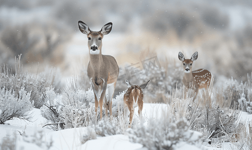母鹿与她的小鹿在雪地和山艾树丛中
