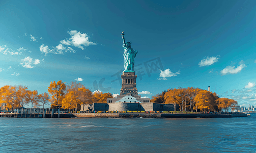 自由女神像美国著名地标背景有复制空间