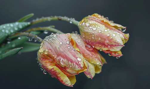 五月为爱放价摄影照片_雨后郁金香湿润四月的阵雨带来五月的花朵