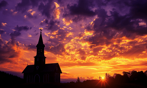 紫色夜晚摄影照片_金色紫色夕阳天空上教堂和森林地平线的黑色剪影云彩柔和