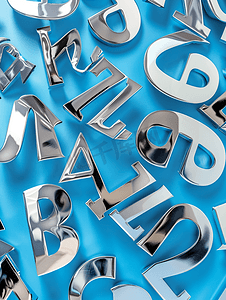 蓝色背景上银色金属英文字母字符的抽象平面背景