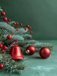 球节日摄影照片_绿色背景中的节日横幅红铃和圣诞树小玩意