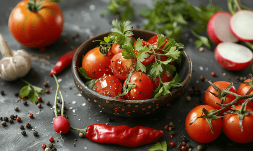 灰色胡萝卜萝卜和李子番茄上分离出的菜肴中的各种食材