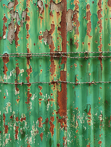 扁平波点摄影照片_扁平生锈的金属栅栏上面有剥落的绿色油漆和铁丝网