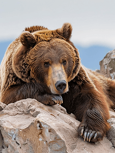 大棕熊躺在石头上